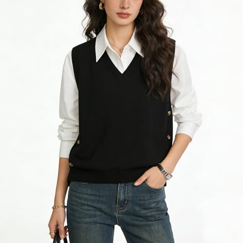 Image of Blostirno Women's V Neck Sweater Vest Ribbed Side Split Button Sleeveless Knit Pullover Sweaters Tops