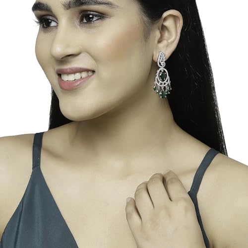 Image of ZENEME Rhodium-Plated American Diamond Studded Oval & Leaf Shaped Drop Earrings For Girls and Women