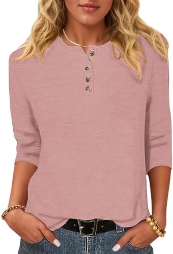 WNEEDU T-Shirt Damen 3/4 Arm Bluse Henley Shirt Rundhals Tshirt mit Knöpfe | Leichte Lässig Tops,Basic Ganzjahres Oberteile,Elegant Blusenshirt,Casual Longshirt,Lockere Tunika,Früh