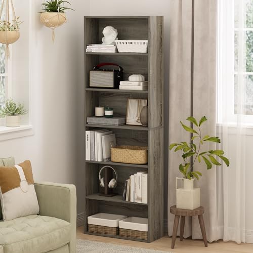 Image of Furinno Jaya Simply Home Free Standing 6-Tier Open Storage Bookcase, French Oak | 9.5 x 24.6 x 71, Tall, Standing Bookcase, Organization for Home Office, Living Room, Bedroom