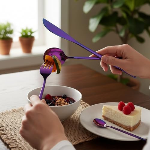 Image of 20 Pcs Pink Slim Handle Stainless Steel Cutlery Set for Dining Table with Spoons and Forks Set + Butterknives - The Perfect Tableware /Flatware