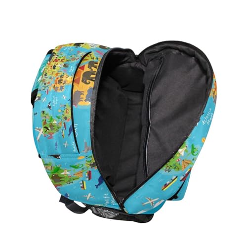 Blue Animal World Map Backpacks for Girls Boys Elementary School Bag Kids Bookbag Personalized Travel Daypack Students Rucksack with Multiple Pockets 17in3