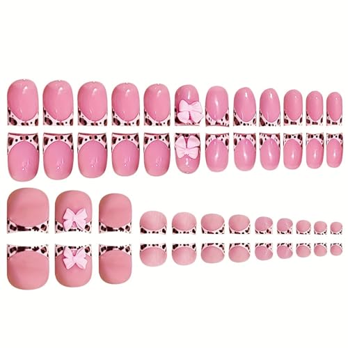 Image of 48 Pcs Leopard print Press on Nails & Press on Toenails Set French Tip Fake Nails Bow Glue on Toe Nails Glossy Full Cover Artificial Acrylic Short Square Stick on Nails for Women Manicure