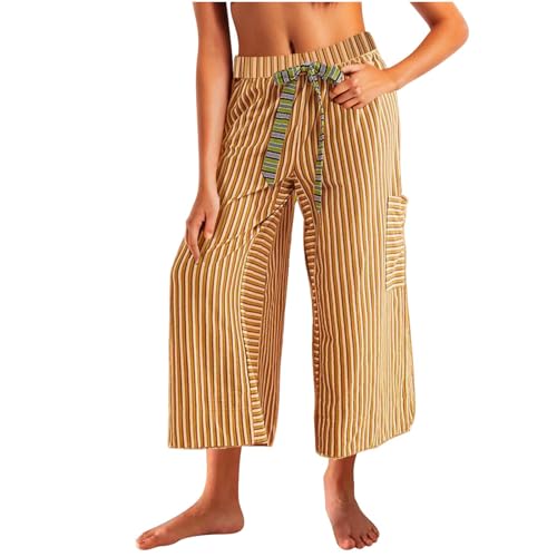 Women's Wide Leg Lounge Pants Striped High Waisted Beach Pants Casual Drawstring Y2K Capri Trouser with Pocket