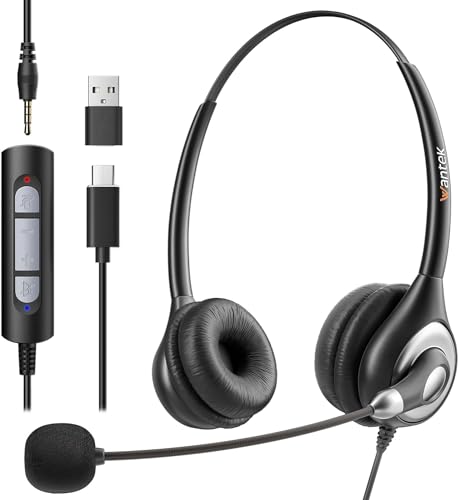 Wantek USB Headset with Microphone for PC Laptop,3.5mm/USB/Type-C Jack 3-In-1 Headphones with Noise Cancelling & Audio Controls,Teams Headset for Office,Call Center,Work,Binaural