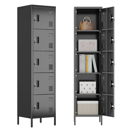 METAN Metal Storage Employees Locker with 5 Lockable Doors,Locking Storage Cabinets for Small Spaces,Home,School,Gym,Assembly Required,Black