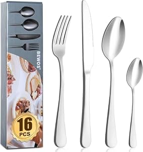 BEWOS Besteck-Set, 16-teilig, Edelstahl, mattes Silber, Besteck-Set mit Löffel, Messer und Gabel, Service für 4 Personen, spülmaschinenfest/leicht zu reinigen