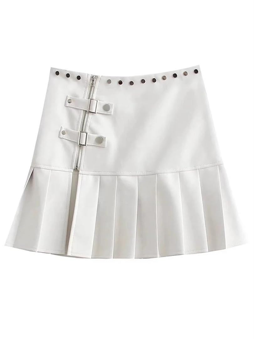 Minifalda plisada de piel sintética para mujer, color blanco, cintura alta, remache con abertura lateral, falda corta