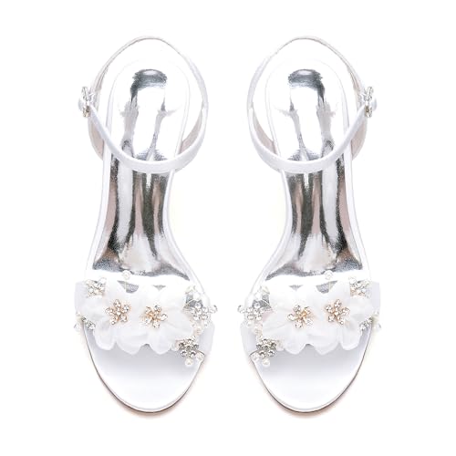 Women's White Wedding Shoes Satin High Heel Applique Pumps Heels Sandals with Ankle Strap4