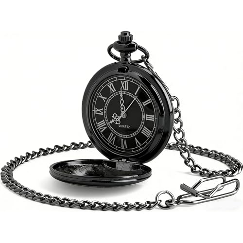 Ziyonix Reloj Bolsillo Hombre con Cadena, Vintage Reloj de Bolsillo de Cuarzo   Regalo Antiguo para Cumpleaños, Aniversario, Navidad, Día del Padre (Negro)