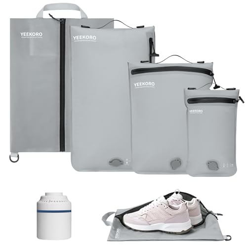 YEEKORO 4 Set Vacuum Bags for Travel, Professional Reusable Organizer Bag with IPX8 Waterproof Zipper, Compression Bag for Suitcases, Durable Seal Space Saver Bags (with pump) by YEEKORO - Used condition - US$33.85
