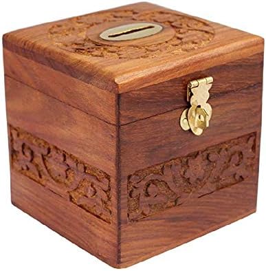 MFS Craft World™ Wooden Money Bank, Coin Holder, Piggy Bank (Brown) Square karwig Work