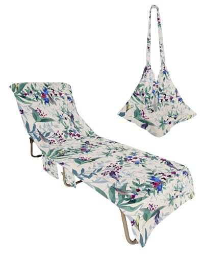 Teal Botanical Beach Lounge Chair Towel Cover, Soft Chaise Lounge Towel with Side Pockets Patio Pool Chairs Cover for Beach/Pool Sunbathing 29x85 Rustic Spring Floral Summer Botanical Birds