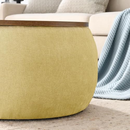 Image of Elegent Round Coffee Table with Wooden Top, Storage Ottoman Tables for Living Room, Centre Tables, Tea Tables, Farmhouse, Wood Drum Coffee Table, Upholstered Ottoman Accent Table (Yellow)