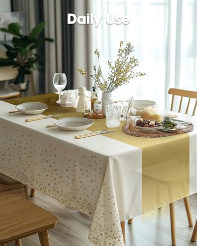 Image of Pureegg Plastic Table Cloth Disposable 10 Pack, 54 x 108 Inch, Table Runner Style, Graduation Decorations 2026, Party Tablecloths, Rectangle, Plastic Cover, Leakproof & Sturdy, White Gold