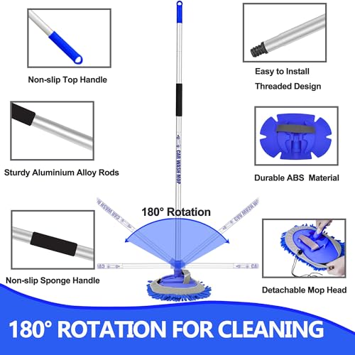 160cm 63” Long Handle Car Wash Brush Microfibre Extendable Cleaning Mop Mitt for Caravan Truck Van Tyre Window Wheel Roof 2 In 1 Interior Duster Remover Scratch Free Clean Product 3 Replacement Head - Image 4