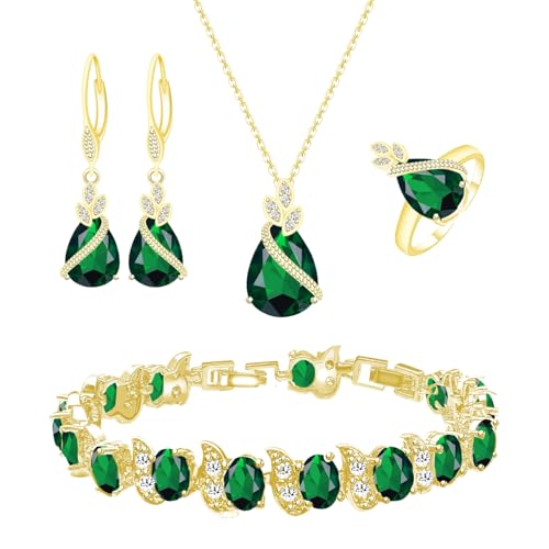 LMXXVJ 18k Gold Plated Jewelry Set for Women Created Green Emerald Womens Jewelry Sets Necklace Ring Earrings Bracelet Costume Jewelry Gifts