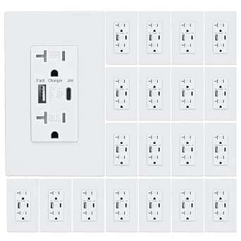 3GRACE USB Wall Outlet, 20 Amp Duplex Tamper Resistant Receptacle with 4.2A USB C Ports, Wall Plate Included, ETL Listed, White (20 Pack)