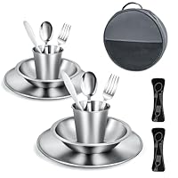 Campingbesteck Set – Camping Geschirr Set mit Edelstahl Besteckset, Teller, Schale und Gläser. Inklusive Bestecktasche. Tragbares Geschirrset für Outdoor, Picknick, und Grillen. (Für 2 Personnen)