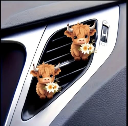 2x Highland Cow Car Air Freshener Cute Acrylic Vent Clip with Floral Design Interior Decor Charm Decoration Cute Accessories for Women Girls