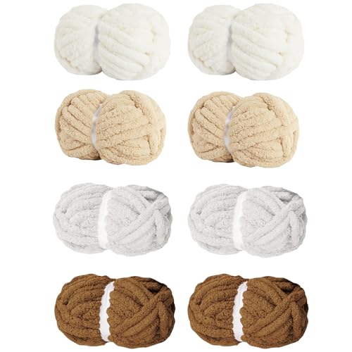 Image of Chunky Yarn for Hand Knitting Soft Jumbo Bulky Fluffy Chenille Yarn for Crocheting Blanket Scarf DIY 8 Pack (Cream+Khaki+Brown+Light Grey, 28yds, 8 Ounces Each)