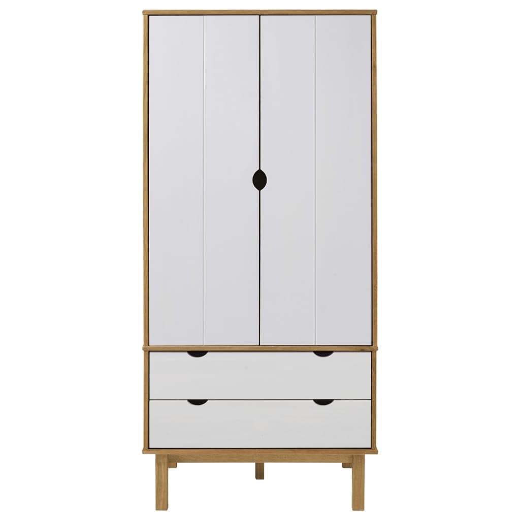 Kleiderschrank OTTA Braun Weiß 76,5x53x172 cm Massivholz Kiefer mit Stauraum, Schubladen und Fach für Schlafzimmer Flur und Ankleidezimmer, stabile Drehtür schwebetür Eckschrank
