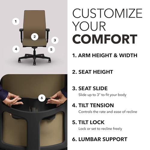 Image of HON Ignition 2.0 Mid‑Back Ergonomic Office Chair, Mesh Task Seating with Lumbar Support, Advanced Synchro‑Tilt, Height and Width Adjustable Arms, Black Frame, Quicksand