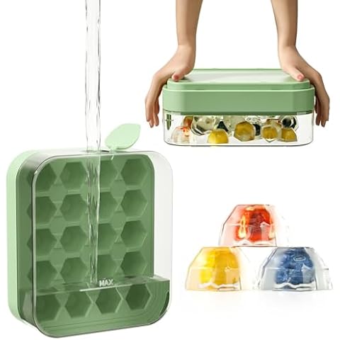Samuelworld Ice Cube Tray with Lid and Bin – 2025 Upgraded Silicone Ice Cube Tray for Freezer, 20 Easy fill and Quick release BPA-Free Honeycomb Ice Mold, Hygienic No-Touch Design, Green Cover