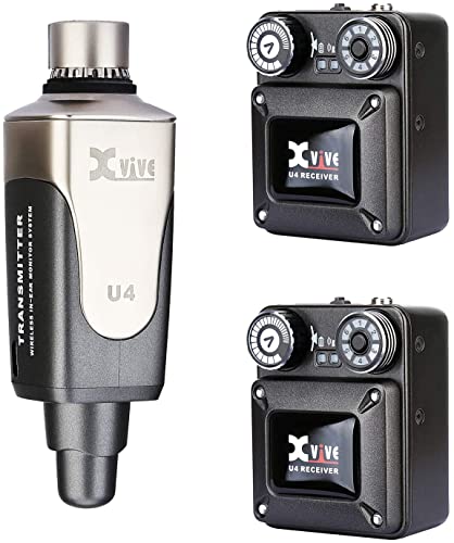 Xvive U4R2 Wireless in-Ear Monitoring System 90Ft Professional IEM System 1 Transmitter and 2 Beltpack Receiver for Studio Band Rehearsal
