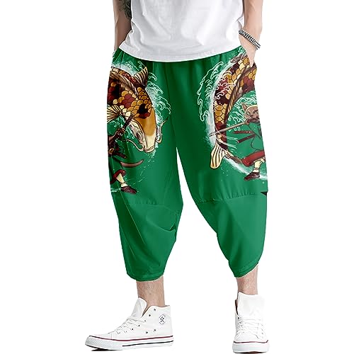 Image of DOSLAVIDA Men's Japanese Kimono Cardigan Suit Chinese Style Printed Jacket Pants Set Open Front Seven Sleeve Top & Shorts
