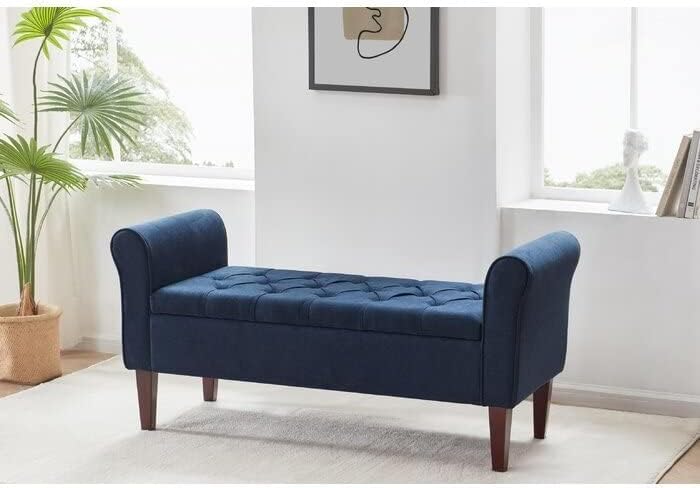 Image of Upholstered Flip Top Storage armrest Bench Ottoman pouffe Puffy Settee 2 Seater Sofa Footstool for livingroom Bedroom Office Hotel guestroom (Blue)