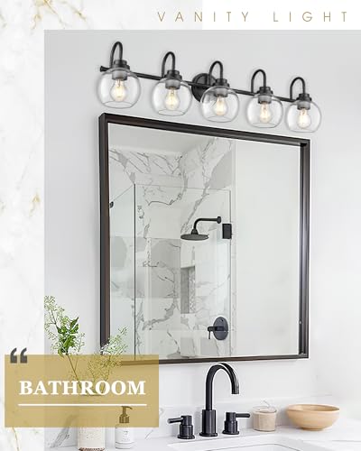 Image of Bathroom Light Fixtures, 5-Light Matte Black Vanity Lights with Globe Clear Glass, 35 Inch Modern Vanity Lighting Fixtures Over Mirror, AD-22280-5W-BK
