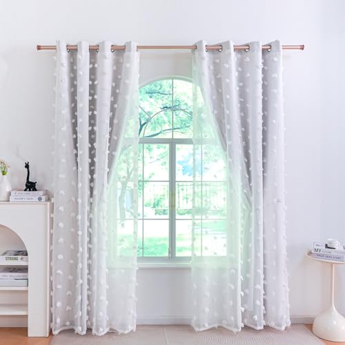 Image of Graylish White Pom Pom Curtains for Nursery Bedroom 52x96 Inch | Soft Boho Room Darkening Drapes, Grommet Privacy Double Layer Curtains for Living Room, Girls &Toddler room Decor, 2 Panels