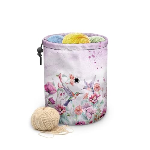Vanideaoty Hummingbird Crochet Bag with Drawstring Flroal Knitting Accessories Store Skein Ball Yarn Bag Perfect for Travel, Beginner & Crocheter
