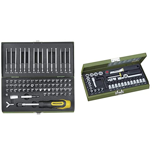PROXXON Super-Sicherheits- und Spezialbitsatz, Schraubendrehergriff, 75-teiliges Bit-Set 23107 & Steckschlüsselsatz, Feinmechaniker-Satz mit 1/4'-Umschaltratsche, 36-teiliges Werkzeug-Set