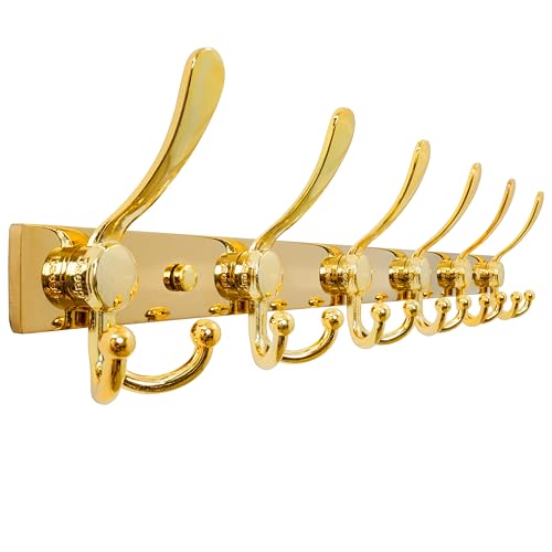 Dseap Coat Rack Wall Mount 24 Inch, Heavy Duty 12-Gauge Base vs Flimsy 1mm, Double-Thick Solid Anti-Snap Hooks, Stainless Steel 6-Hook Hanger Organizer for Clothes Hat Closet Entryway, Gold
