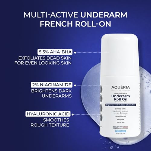 Image of Aqueria 5.5% AHA BHA French Underarm Brightening Roll On | 48H Odour Control | Aqua Fragrance with 2% Niacinamide | Multi Actives, Glycolic Acid, Lactic Acid | Prevents Odor, Kills Bacteria | Exfoliates, Reduces Pigmentation & Discoloration for Even-Toned Underarms | Brightens Skin & Exfoliates Underarm | Alcohol & Aluminium Free | Deodorant for Men & Women | Pack of 3 (150ml)