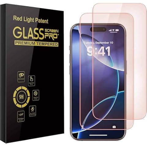 BRAIDOL New Red Light Screen Protector for iphone 16 Pro 2 Pack 9H Tempered Glass Screen Protector with Installation Frame Upgraded Protection, Anti-Blue Light Cover