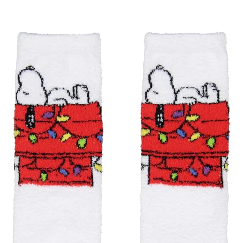 Snoopy Gripper Socks Peanuts Snoopy Dog House Festive Holiday Christmas Lights Men's Fuzzy Gripper Slipper Socks OSFM For Men and Women2