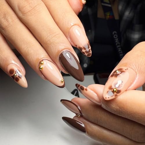SEENEEY Medium Press on Nails Almond Brown Fake Nails French Acry...