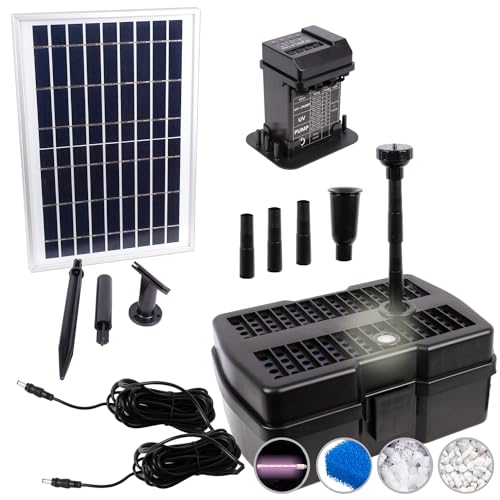 AMUR Kit Pompe Fontaine Solaire de Bassin avec Bac de Filtration UV Anti-Algues, Batterie Li-ion, Panneau Solaire Cadre Alu Robuste (Aqua-vital 9-uv-c)