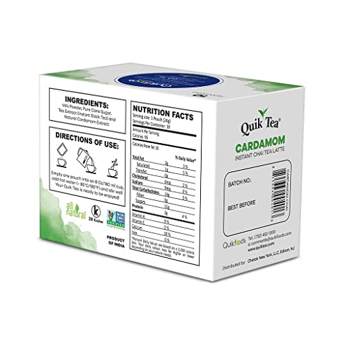 Quiktea Cardamom Instant Chai Tea Latte - 10 Count Single Box - Superfood Antioxidant, Digestion Tea #TOP3