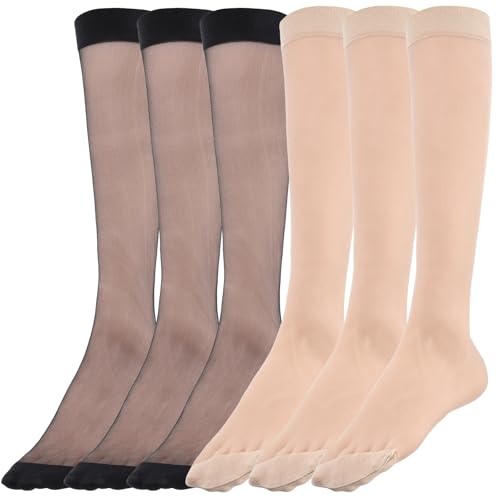 Knee High Stockings for Women 6 Pairs 20D Nylon Leg Elegant Trouser Socks Elastic Anti-slip Socks Sweat Wicking Socks for Carnival Easter Christmas Halloween One Size