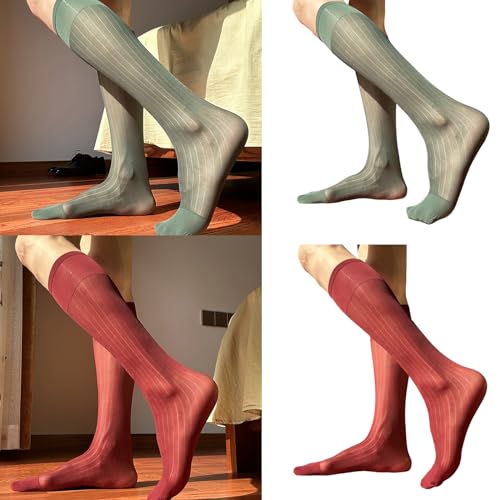 Soft Warm Hosiery, Mens Nylon Sheer Suit Socks Business Dress Socks Elastic Wide Striped See Through Formal Dress Over the Calf Stockings2