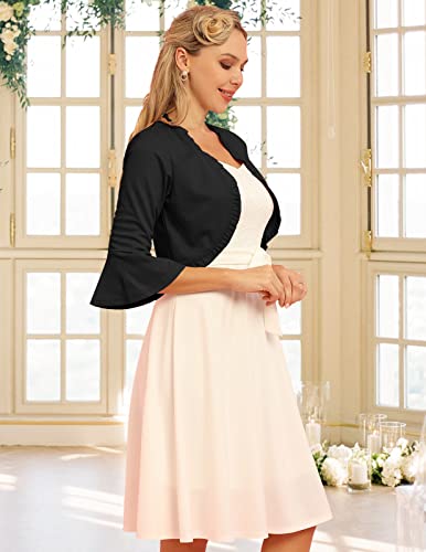 Women's 3/4 Sleeve Bolero Shrug Sweater Open Front Ruffle Cropped Cardigan Bolero Jackets For Evening Dresses Black 2Xl #TOP2