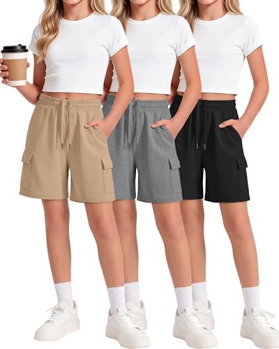 Ficerd 3 Pack Girls Cargo Shorts Kids Summer Bermuda Shorts Teen Knee Length Athletic Loose Unisex Sweat Shorts 5-14Y(9-10 Years Khaki Light Heather Gray Black)