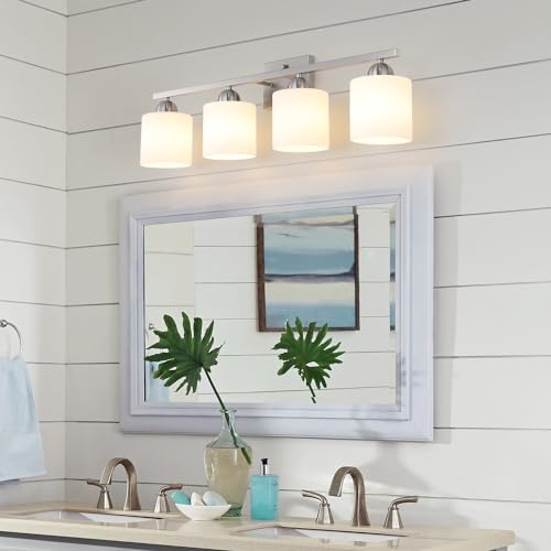 Image of Mecgirn Stainless Steel Milk Glass Vanity Lights for Bathroom, 4 Light Brushed Nickel Bathroom Light Fixtures Over Mirror, Ceramic E26 Sockets Wall Mounted