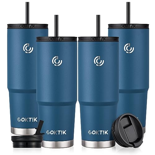 COKTIK 32 oz/4 Pack Insulated Tumbler, with 3 Lids(2Straws/Flip) Stainless Steel Double Vacuum Coffee Tumbler Cup,100% Leakproof Travel Mug ,for Home, Office, Sport,school