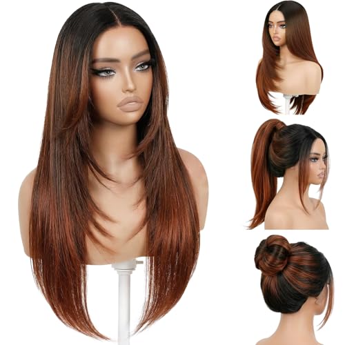 NOSTALGIA Brown Highlight Wear and Go Glueless Wigs Pre Plucked Pre Cut for Beginners Synthetic Lace Front Wigs For Woman Long layered Straight 24 Inch Brown Highlights 3 Seconds to Wear
