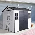 HMYFGD 8x6 ft Outdoor Resin Storage Shed with Floor, Waterproof Plastic Tool Shed with Lockable Door and Two Windows, All-Weather Tool Sheds for Backyard, Patio, Lawn, Garden (Grey White, 8 x6 ft)